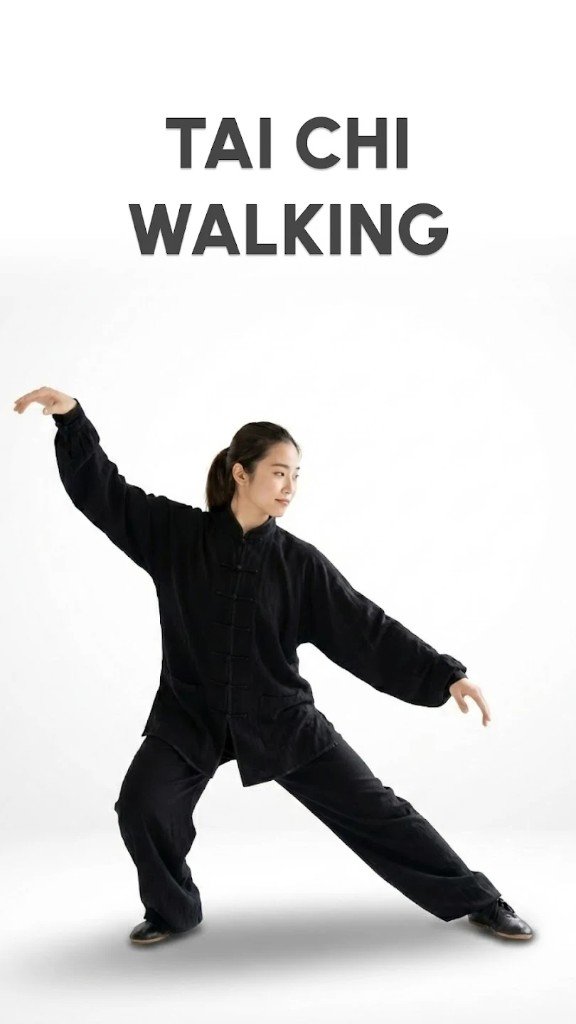 Tai Chi Walking App — Woman performing tai chi indoor walking exercise at home for beginners